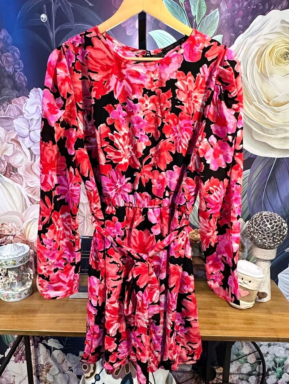 Nordstrom Fraiche by J XL Floral Fit & Flare Dress Belted Long Sleeve NWT $108